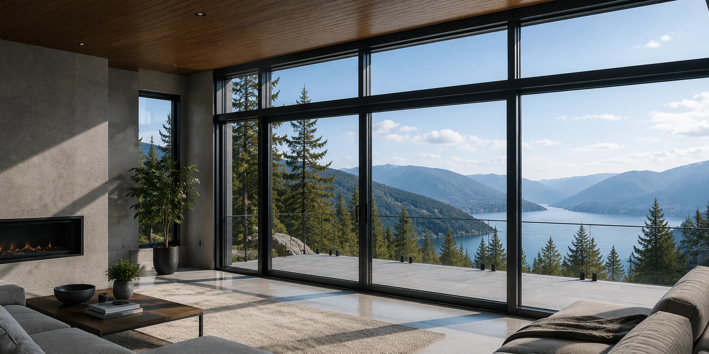 Premium aluminum windows in a modern home overlooking mountains and water